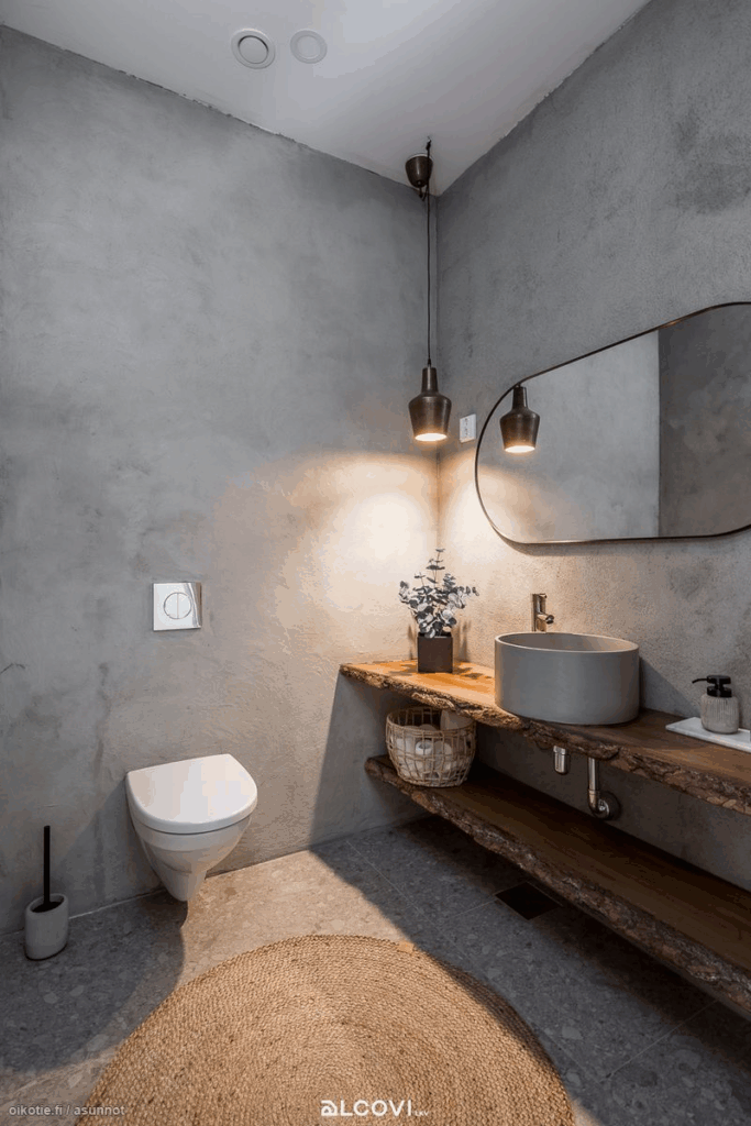 Sleek Gray and Natural Wood Industrial Bathroom