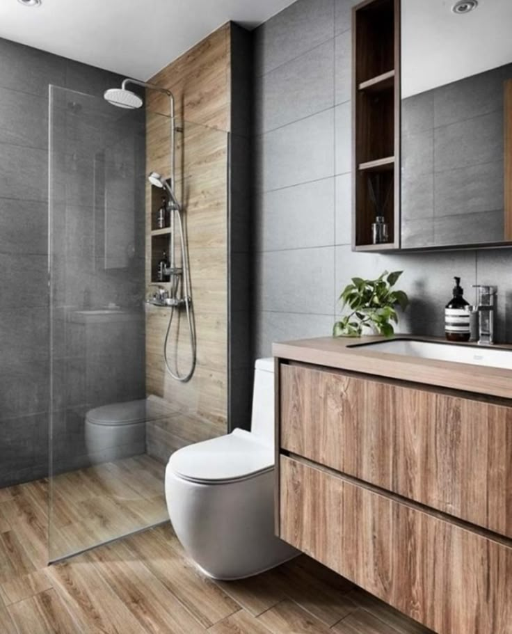 Sleek Gray and Natural Wood Industrial Bathroom